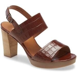 Paul Green Amanda Croc Embossed Leather Slingback Platform Sandals Brown 6M NWOT